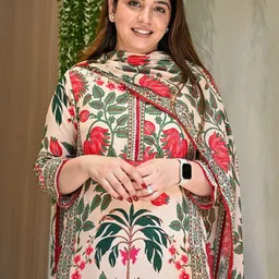 DIVASTRI Floral Printed V-Neck Straight Kurta With Patiala & Dupatta image 5