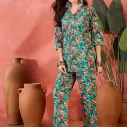 Sangria Floral Printed Collar Neck Tunic With Trousers Co-Ords image 5