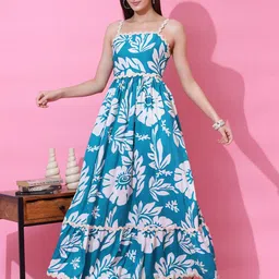 De La Moda Floral Printed Ruffled Shoulder Straps A-Line Maxi Dress-picture-29