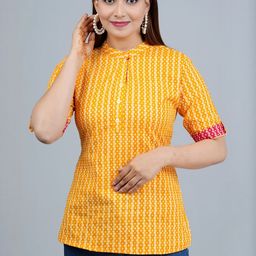 Indiwest Women Yellow Striped Printed Cotton Top-picture-5