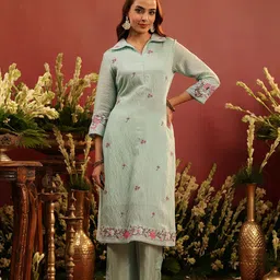SCAKHI Embroidered Shirt Collar Mul Chanderi Tunic With Palazzo Co-Ords-picture-32