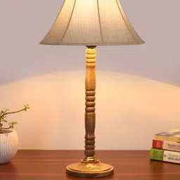 Devansh Off White & Brown Wooden Contemporary Frustum Shaped Table Lamp image 5