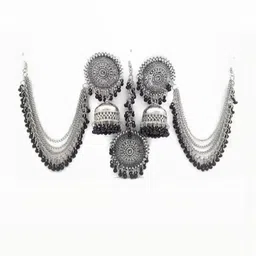 VRAJ CREATION Brass-Plated Stones Studded & Beaded Oxidised Choker Necklace & Earrings image 2