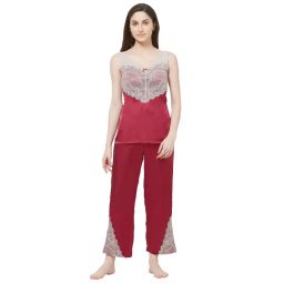 SOIE Women's Laced Satin Top And Pyjama Set - Red-picture-10