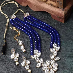 ANIKAS CREATION Gold-Plated Navy Blue & White Crystal & Pearl Embellished Trendy 3 Layer Jadau Jewellery Set-picture-22