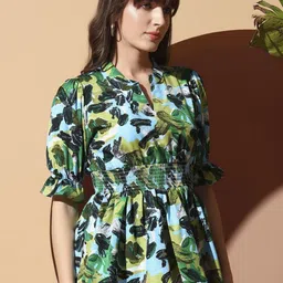 ZWERLON Women Abstract Printed V-Neck Bell Sleeves Smocked Peplum Regular Top image 3