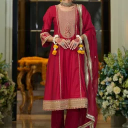 Indo Era Women Ethnic Motifs Embroidered Zari A-Line Kurta with Trousers & Dupatta image 3