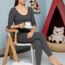 REVEXO Women Striped Thermal Set Elasticated Waistband-image-56