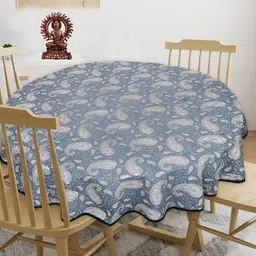 Texstylers Blue & Beige Floral Anti Slip Cotton Round 4 Seater Table Cover-picture-18