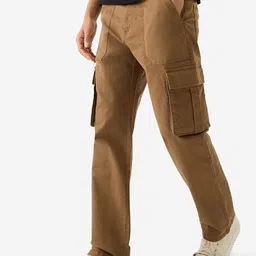 The Souled Store Men Camel Brown Straight Fit Clean Look Cargo Styles Stretchable Jeans-image-8
