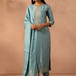 Libas Blue & Gold-Toned Ethnic Motifs Embroidered Sequined Kurta with Trousers & Dupatta-image-47