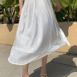 Outzidr Pleated Mesh Flared Midi Skirt-picture-25