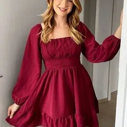 FLORINES Women Puff Sleeve Crepe Fit & Flare Dress image 1