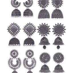 DIVASTRI Set Of 6 Silver Plated Pearls Beaded Oxidised Dome Shaped Jhumkas-image-45