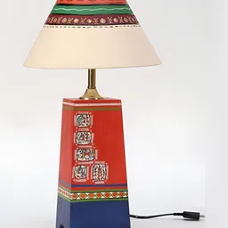 AAKRITI ART CREATIONS Red & Blue Printed Wooden Frusturical Shaped Table Lamp-image-13