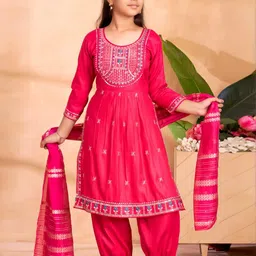 Muhuratam Girls Pink Cotton Blend Kurta Sets-image-80