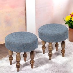 Ikiriya Set of 2 Wood Round Stools in Blue Jacquard Work Fabric Upholstery-picture-10