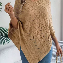 KPOP Women Cable Knit V-Neck Long Sleeves Poncho-image-60