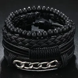 MEENAZ Men Pack Of 4 Leather Tribal Silver-Plated Multistrand Bracelets-picture-28