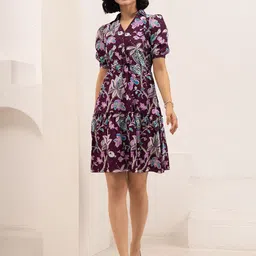 AASK Women Floral Print Puff Sleeve Crush Crepe Fit & Flare Dress with Belt-picture-20