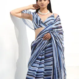 Swtantra Striped- Shades of Blue One Shoulder Sleeve Saree Blouse-picture-33
