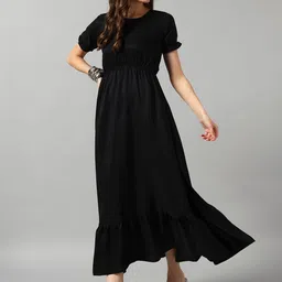 Femvy Round Neck Gathered or Pleated Casual A-Line Maxi Dress-image-41