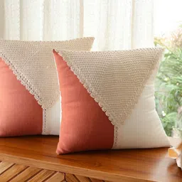 Peepul Tree SS-2025 Rust 2 Pieces Colourblocked Crochet Square Cotton Cushion Covers-image-43