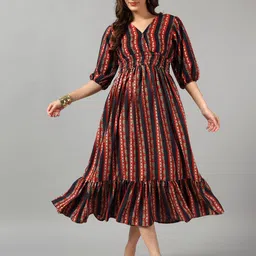 Raiyani Fashion Printed Puff Sleeve Crepe Fit & Flare Midi Dress-picture-35