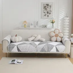 HOKIPO White & Grey Printed Waterproof 2 Seater Sofa Cover & 2 Armrest Covers With Pockets image 5