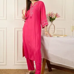 Indo Era Embroidered V-Neck Three-Quarter Sleeves Pure Cotton Tunic And Trousers-image-73