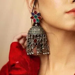 OPUS GEMS Silver-Plated Stones Studded & Ghungroo Beaded Oxidised Dome Shaped Jhumkas image 2