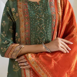 KALINI Floral Printed Sequinned Notch Neck Straight Kurta With Trousers & Dupatta image 4