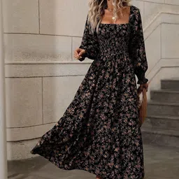 HERE&NOW Women Printed Square Neck Fit & Flare Smocked Maxi Dress-picture-28