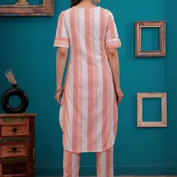 NAVYAAZRI Striped V Neck Pure Cotton Straight Kurta With Trousers image 4