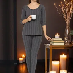 TRENDY RABBIT Women Striped Round Neck Three-Quarter Sleeves Thermal Set-image-23