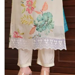 TURITY Women Floral Printed Regular Thread Work Chanderi Silk Kurta with Trousers & With Dupatta image 3