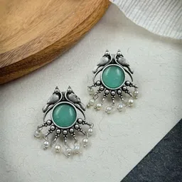 NAMAN ARTS Silver-Plated Stones Studded & Beaded Animal Shaped Oxidised Drop Earrings-image-71