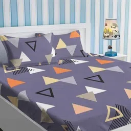 NEW TOWN Grey & Orange Geometric 210 TC Queen Bedsheet with 2 Pillow Covers-image-69