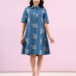 MISRI Women Floral Printed Shirt Collar A-Line Knee Dress-picture-23