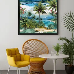 999Store Blue & Green Tropical Beach Art Print Vibrant Palm Trees Canvas Painting Wall Art image 4