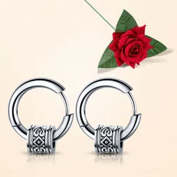 Peora Men Silver-Plated Circular Shaped Oxidised Huggie Hoop Earrings With Red Rose Box-picture-56
