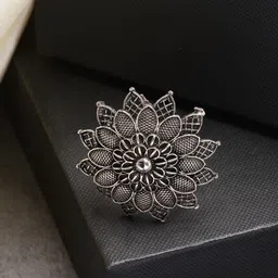 Sangria German Silver Floral Shape Oxidised Adjustable Finger Ring image 1