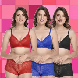 samvar Women Red,Blue,Black Cotton Bra Panty Set for Lingerie Set Undergarments Pack of 3-picture-34