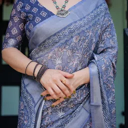 MAHARANI COUTURE Floral Printed Zari Pure Linen Banarasi Saree image 2