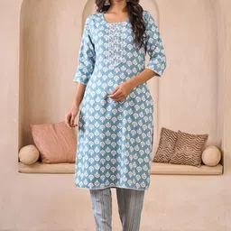 Sangria Embroidered Pure Cotton Round Neck Kurta & Trousers With Dupatta image 2