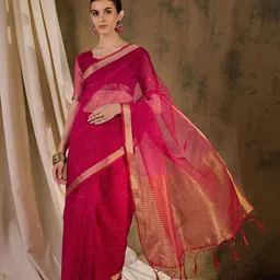 Mitera Striped Sequinned Organza Handloom Saree-image-99