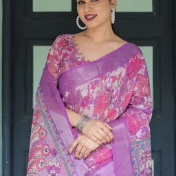 ALMAARI FASHION Floral Printed Zari Pure Linen Banarasi Saree With Unstitched Blouse Piece image 5