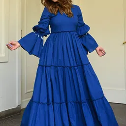 Bunaai Bell Sleeves V Neck Cotton Tiered Fit and Flared Maxi Dresses-picture-22