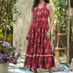 Rain & Rainbow Floral Printed Pure Cotton Fit and Flare Midi Ethnic Dresses-picture-27