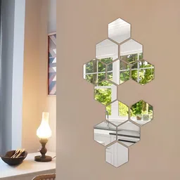 WALLWEAR Silver Toned 12 Pcs Hexagon Self Adhesive Acrylic Wall Stickers-image-99
